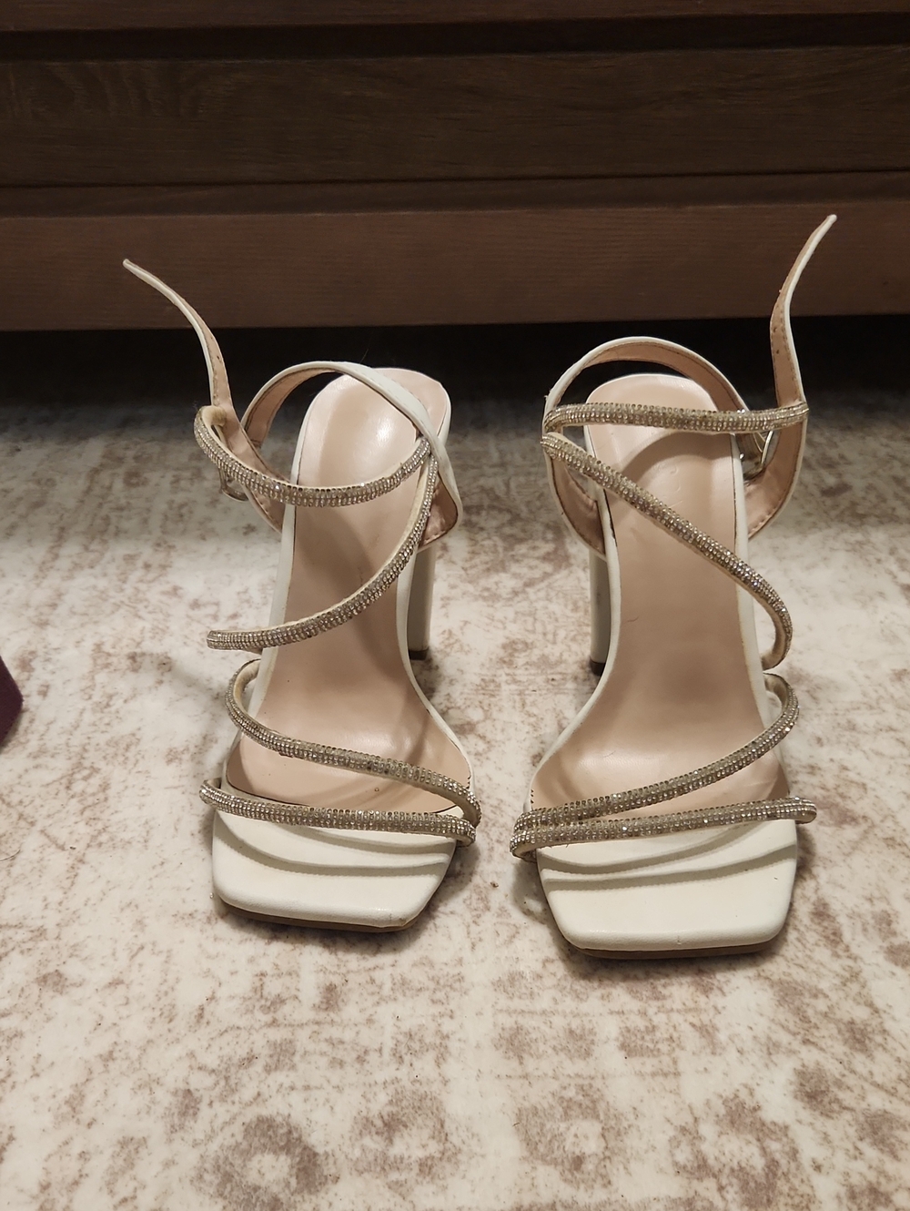 Women's White Strappy Rhinestone Heeled Sandals